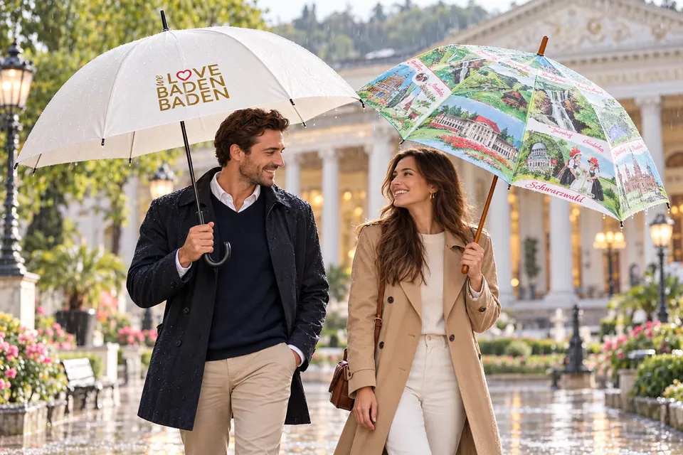 Schirme mit Baden-Baden-Motiven vor dem Kurhaus