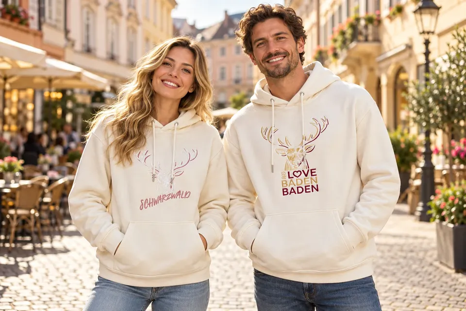 Zwei Personen in hellen Hoodies mit Hirsch- und Baden-Baden-Motiv