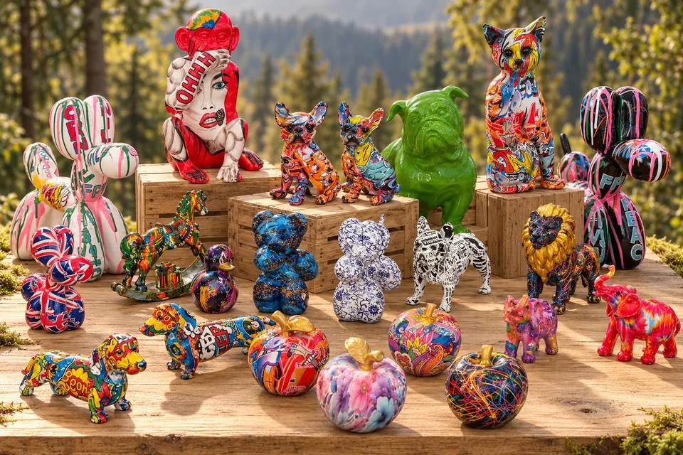 Bunt bemalte Tierfiguren im Pop-Art-Stil