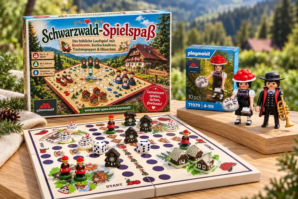 Brettspiel mit Schwarzwald-Thema und Spielfiguren in Tracht