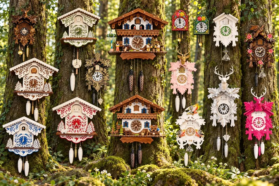 Holzuhren in Schwarzwaldhaus-Form an Baumstämmen im Wald