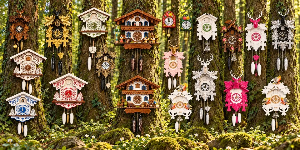 Viele Uhren in Schwarzwaldhaus-Form, teils mit Hirschkopf, an Baumstämmen