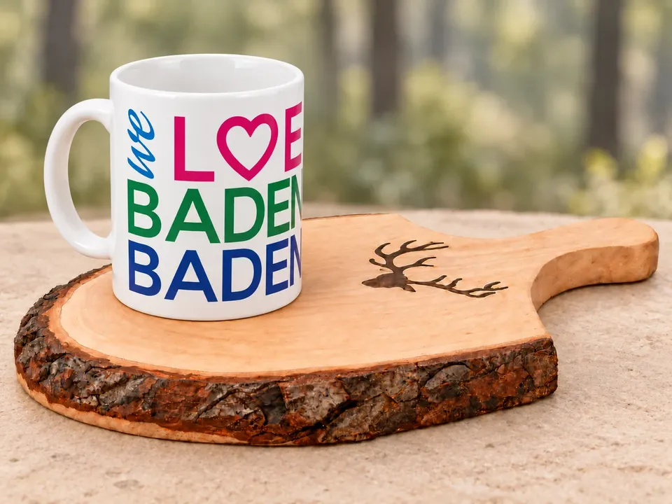 Weiße Tasse mit buntem Schriftzug We love Baden-Baden auf einem Holzbrett