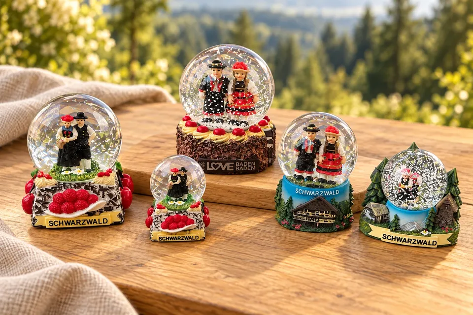 Verschiedene Schneekugeln mit Trachtenfiguren auf einem Holztisch