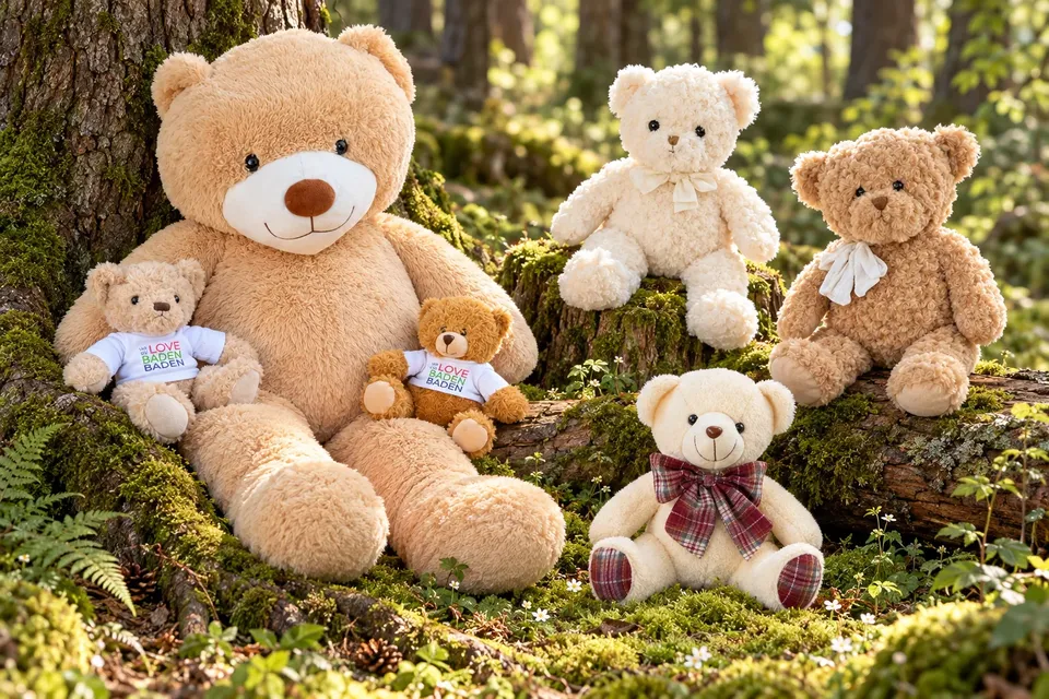 Teddybären in verschiedenen Größen auf moosigem Waldboden