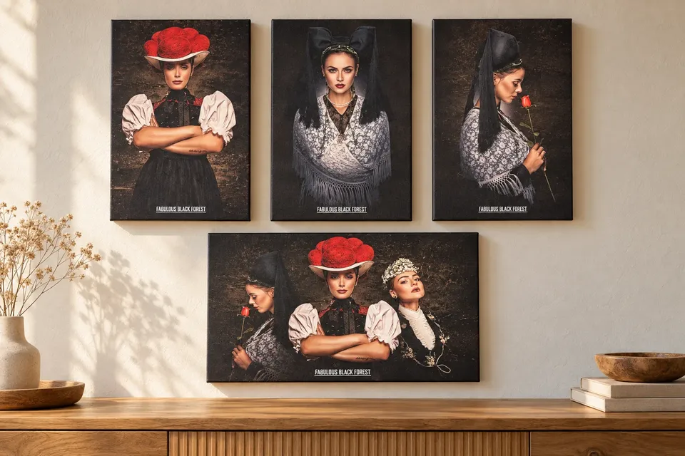 Mehrere Wandbilder mit Porträts in Schwarzwälder Tracht