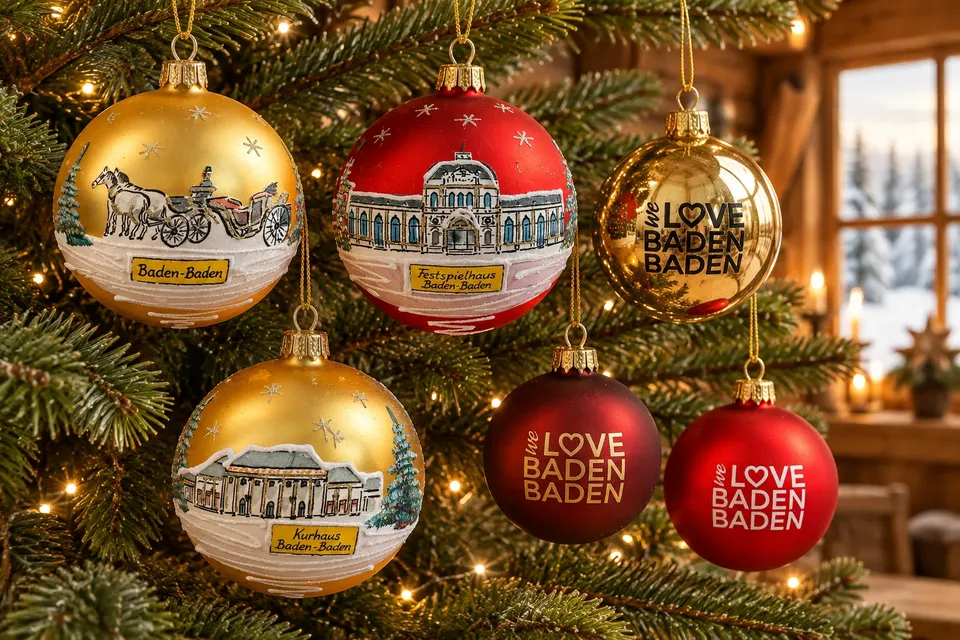 Goldene und rote Christbaumkugeln mit Baden-Baden-Motiven am Weihnachtsbaum