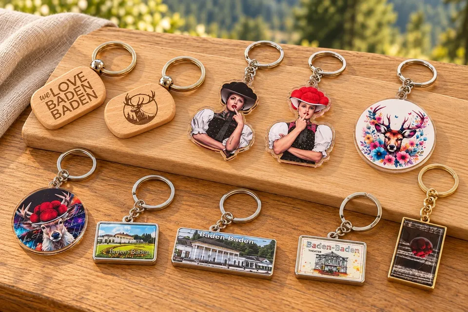 Reihe von Schlüsselanhängern mit Baden-Baden-Ansichten, Hirsch- und Bollenhutmotiven