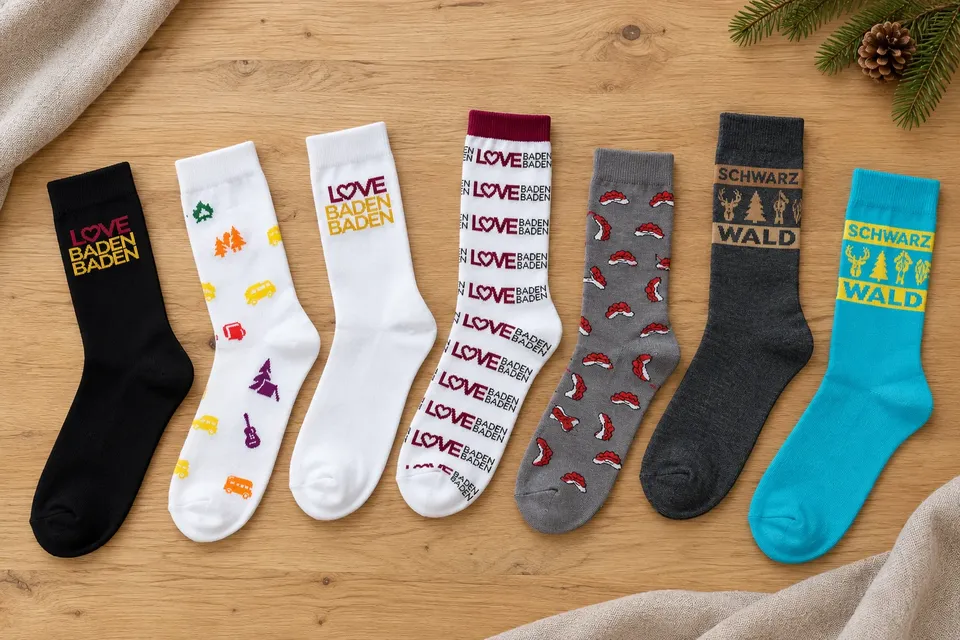Mehrere Paar Socken mit Baden-Baden- und Schwarzwald-Motiven auf einem Holztisch