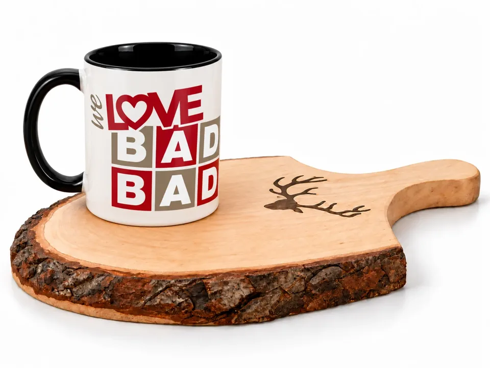 Weiße Tasse mit Schriftzug We love Baden-Baden auf einem Holzbrett
